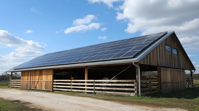 Barn with solar panels in a rural setting under a blue sky with clouds, featuring a dirt pathway and cows visible inside