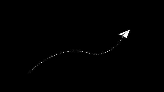Paper plane flying with dashed line path or dotted route on black background.
