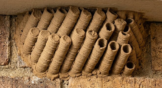 Macro texture of cylindrical clay tubes forming a mud dauber wasp nest