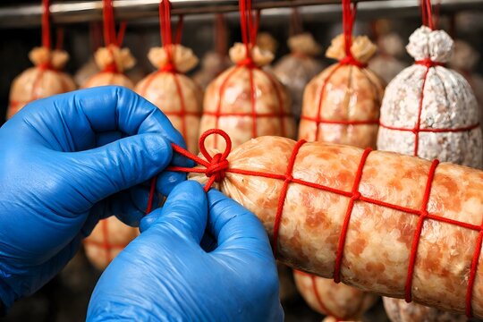 Butcher tying red string around sausage links, preparing for smoking or curing, meat production