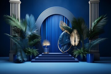Naklejka premium Minimal blue podium with green and gold palm leaves for product presentation