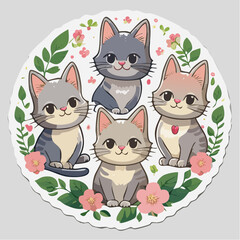 Obraz premium Cute Cartoon Cats Surrounded by Flowers and Leaves