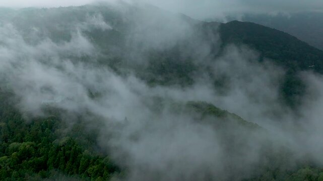 Aerial view misty foggy mountain landscape with tropical rain forest