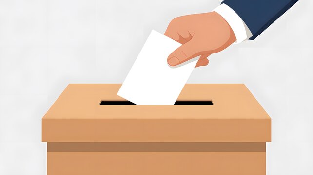 Hand placing folded paper ballot into wooden voting box during election