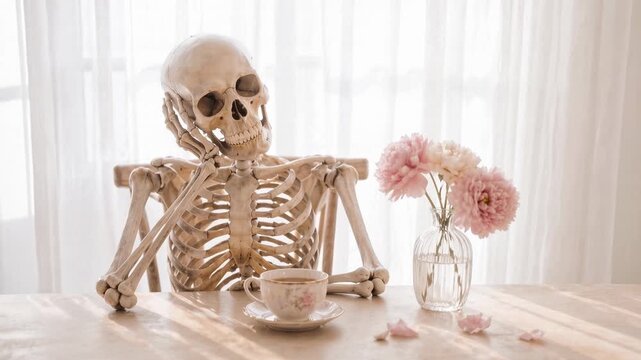 Skeleton contemplating life over tea with delicate pink flowers. A skeletal figure sits at a table, lost in thought with a cup of tea and a vase of soft pink blossoms