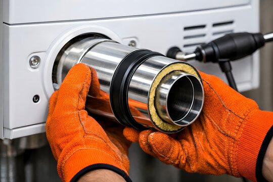 Close-up of hands in orange gloves assembling insulated pipe sections connected to white equipment