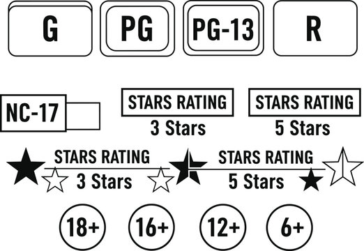 Movie rating system icons and age restriction symbols with star ratings Keywords: G rating, PG rating, PG-13 rating, R rating, NC-17