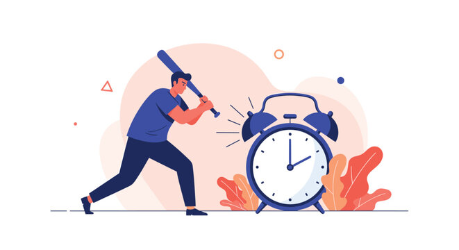 Frustrated man hitting giant ringing alarm clock with baseball bat expressing morning stress and sleep deprivation.
