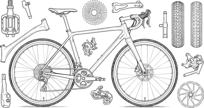 Detailed line drawing of a modern gravel bicycle and its disassembled components Keywords: bicycle, bike, gravel bike, road bike, cycle
