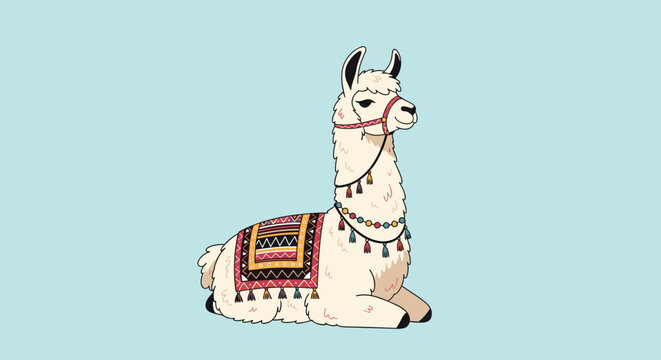 Cute white llama with traditional colorful harness and saddle lying peacefully on light blue background representing peruvian culture.