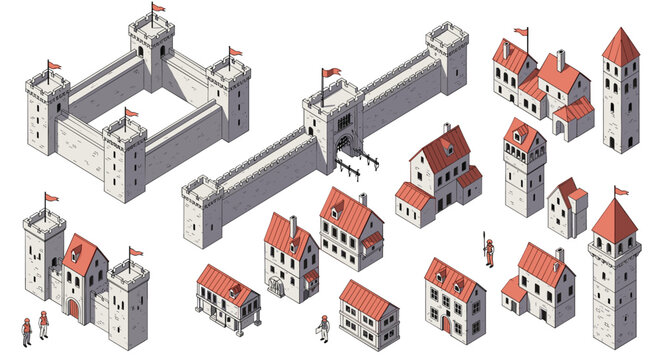Isometric medieval architecture set includes castle walls and various village houses with red roofs for game environment designs.
