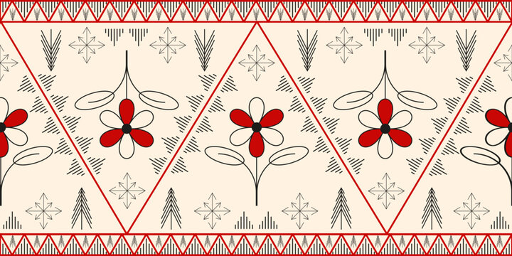 Dupatta Ethnic Seamless Pattern. Vector Folk ornament with abstract flowers plants and geometric lines. Perfect Dupatta design for textile fabric wallpaper Print. EPS 10