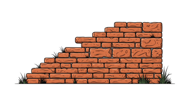 Section of old rustic brick wall with uneven top edge and green grass growing at base on white background for architectural design.