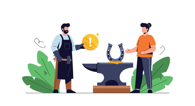 Professional blacksmith in workshop forging horseshoes on anvil while colleague offers feedback or currency coin.