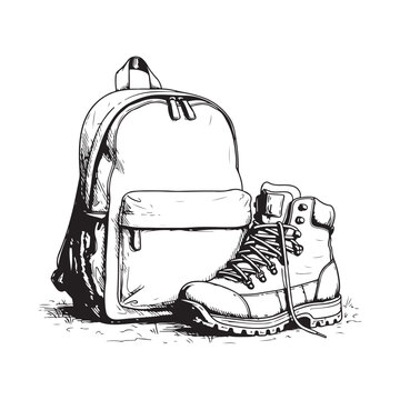 Black and white illustration of backpack and hiking boot