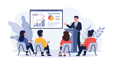 Fototapeta premium Business speaker giving a professional presentation with charts and data on a screen to a focused audience group.