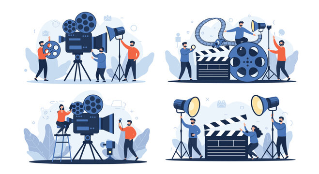 Various scenes of a movie production crew working with professional cameras, lighting equipment, clapperboards and film reels.
