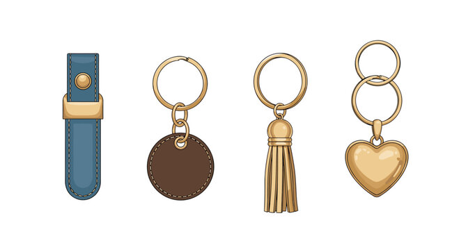 Set of four different stylish keychains featuring a leather strap, round tag, decorative tassel and golden heart charm.