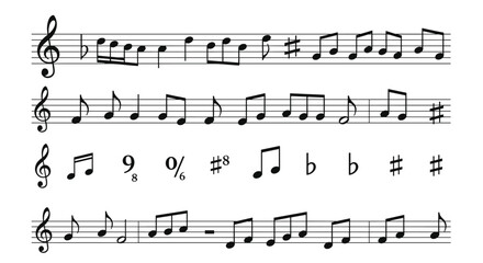 Fototapeta premium Sheet music segments featuring various musical notes, clefs, sharps, flats and rhythms on a classic five line staff background.