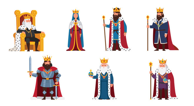Collection of medieval king and queen characters in regal attire with crowns, scepters, thrones and royal accessories.