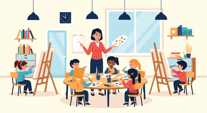 Female teacher instructing a group of children during an art class with easels and palettes in a colorful classroom setting.