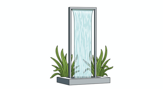 Contemporary outdoor water fountain with a rectangular frame creates a shimmering curtain of water amongst green garden plants.
