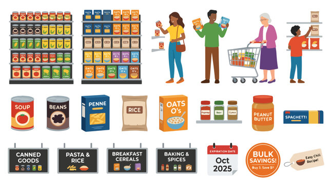 Diverse group of people shopping for groceries in a supermarket aisle with icons of food products like canned soup, pasta, rice, cereal, spices, peanut butter, and retail store signage tags.