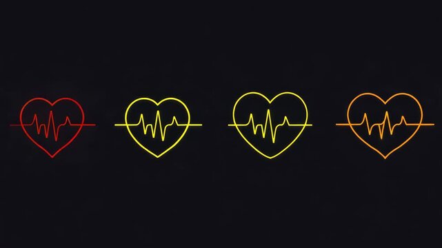 A black and white heartbeat signal pattern with six hearts drawn on top of it in yellow.