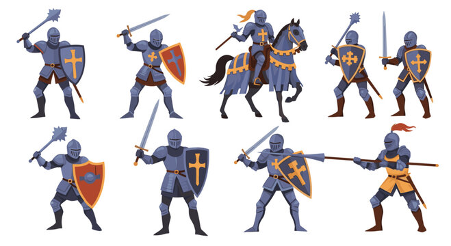 Collection of medieval knight characters with armor swords shields and maces in various battle poses for fantasy games.