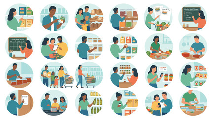 Obraz premium Flat illustration set of diverse people grocery shopping, meal planning with calendars, checking nutrition labels, using coupons, and preparing food for healthy lifestyle and budget manageme