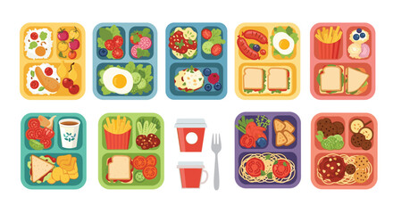 Obraz premium Collection of various healthy and balanced lunch box meals with different ingredients for school or office meals.