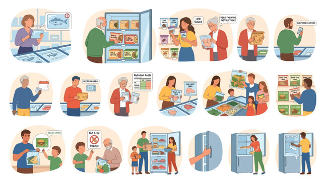 Illustration set of diverse people shopping for frozen food in a supermarket, reading nutrition labels, checking expiry dates, choosing vegetarian options and organizing home freezers.