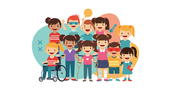 Group of happy diverse children including kids with disabilities and special needs standing together to promote inclusivity and friendship.