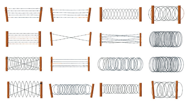 Collection of different types of barbed wire fences and razor wire coils for security and border protection on wooden posts over a white background.