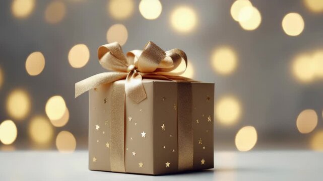 Elegant golden gift box with star pattern and ribbon on warm bokeh background