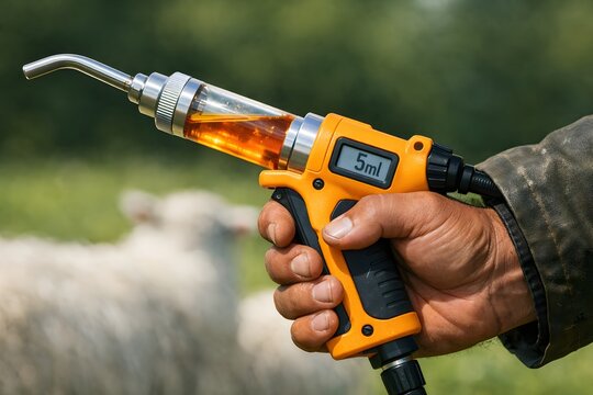 Hand holding orange veterinary syringe with amber liquid, digital display showing 5ml, with sheep in background