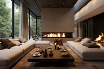Naklejka premium Minimalist interior design showcasing a luxurious living space with a large burning fireplace and jungle view