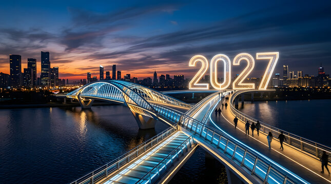 Vibrant urban bridge illuminates the path to a promising 2027, symbolizing progress, innovation, and a bright future for modern city life at twilight