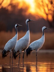 Obraz premium Majestic cranes wading in tranquil waters at sunset
