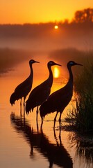Obraz premium Cranes silhouette against a vibrant dawn sky