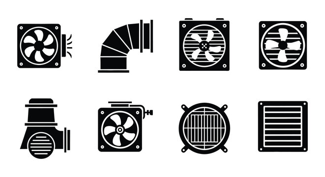 Air ventilation system icons set black silhouette on white background