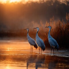 Obraz premium Graceful cranes gathering at dawn by glowing waters