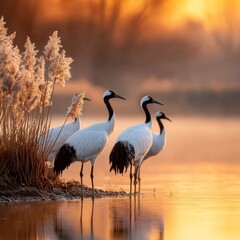 Obraz premium Elegant cranes gather by the tranquil waters at sunrise