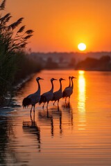 Obraz premium Cranes standing gracefully at sunset's golden edge