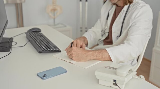 Man doctor with stethoscope writing notes in notebook while reaching for keyboard and using pen at desk in clinic building; focused care.