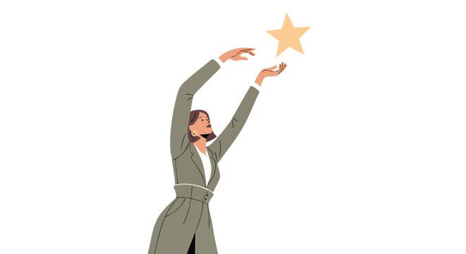 Empowered female executive reaching for a star representing strategic KPIs, corporate success, and the pursuit of excellence in a modern B2B environment