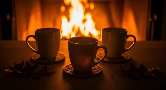 Three mugs on coasters by a roaring fireplace, cozy Mother's Day celebration, warm family tea time, autumn atmosphere, relaxing holiday morning, intimate gathering at home.