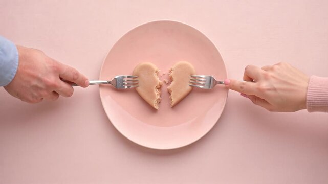 Hands sharing a broken heart cookie on a pink plate with forks. A symbolic representation of a relationship ending