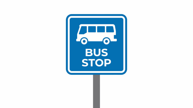 Blue bus stop sign with white bus icon and text indicating a public transportation stop