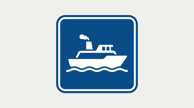 Ferry boat traveling on wavy water, public transportation sign